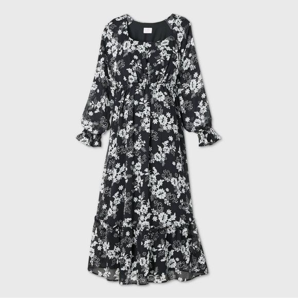NEW Isabel Maternity Floral Bishop Sleeve Midi Black White Dress XS - Picture 1 of 9